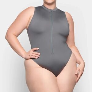 SKIMS Gunmetal Zip Front One Piece Swimsuit 4X Sculpting Stretch Sleeveless NWT